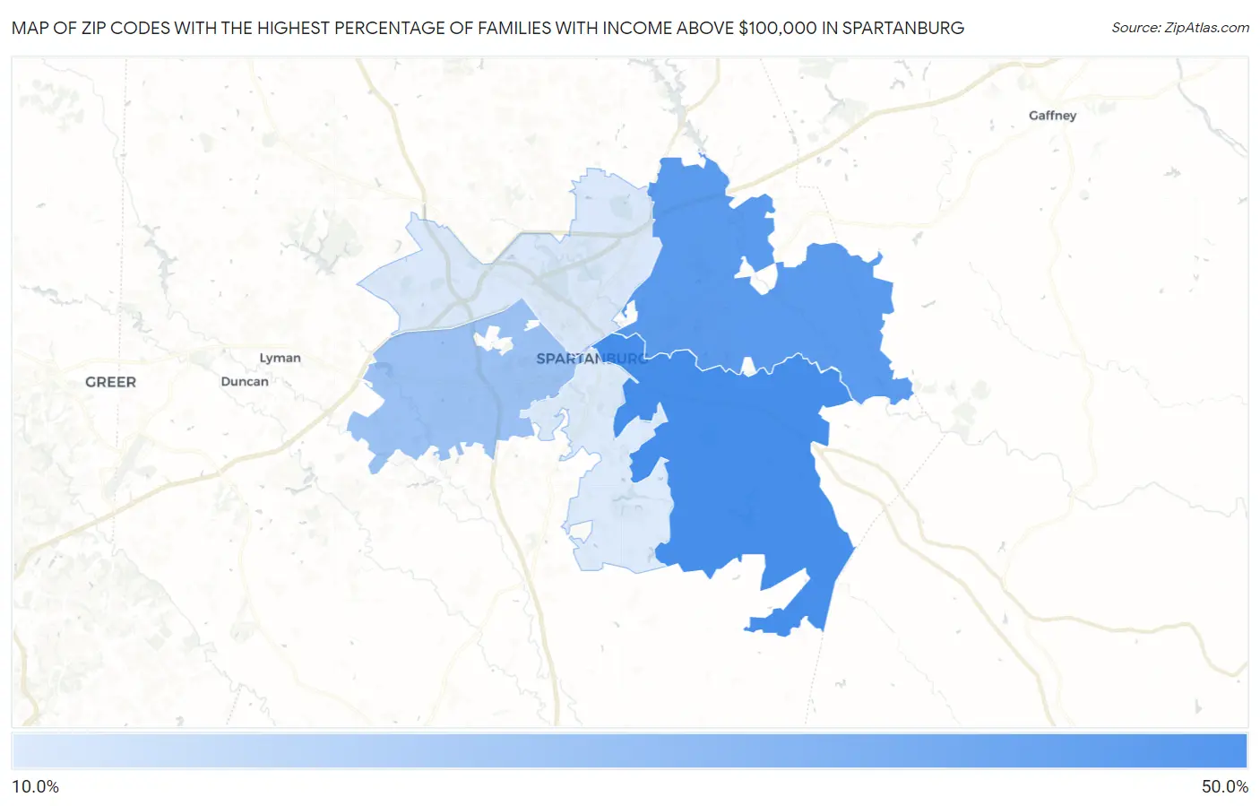 Zip Codes with the Highest Percentage of Families with Income Above $100,000 in Spartanburg Map