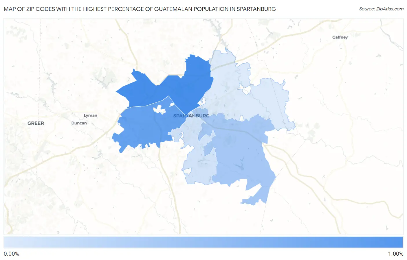 Zip Codes with the Highest Percentage of Guatemalan Population in Spartanburg Map