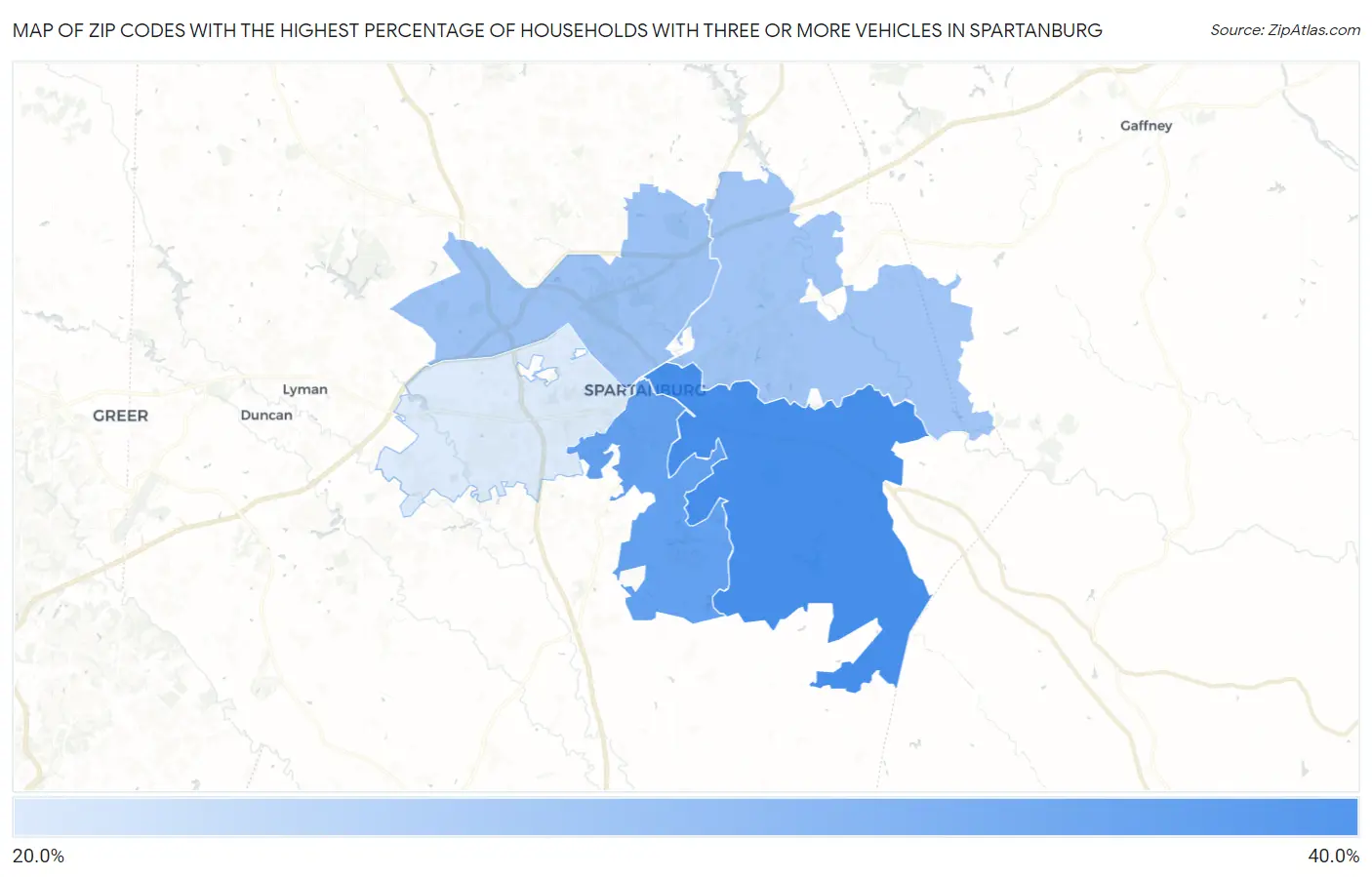 Zip Codes with the Highest Percentage of Households With Three or more Vehicles in Spartanburg Map
