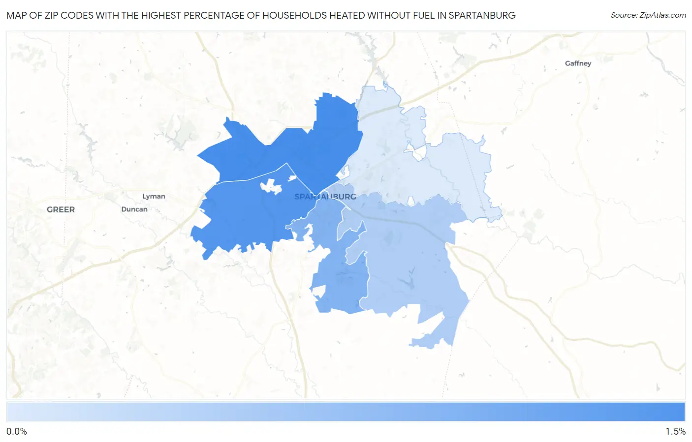 Zip Codes with the Highest Percentage of Households Heated without Fuel in Spartanburg Map