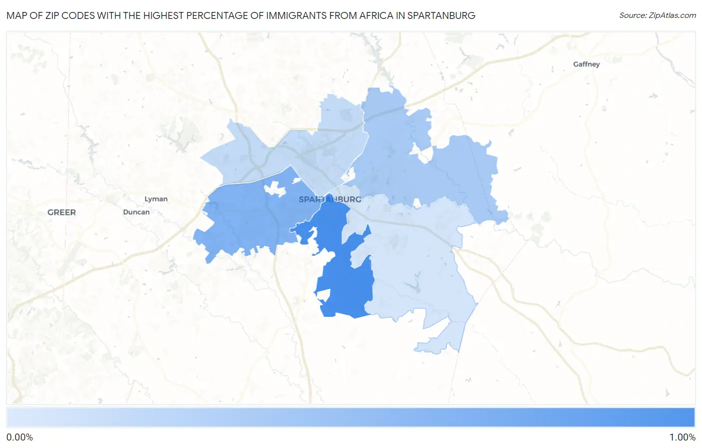 Zip Codes with the Highest Percentage of Immigrants from Africa in Spartanburg Map