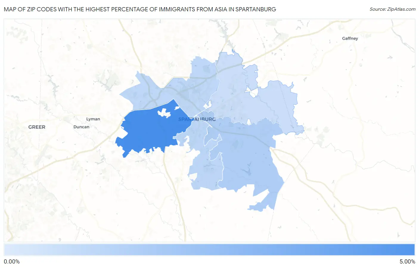 Zip Codes with the Highest Percentage of Immigrants from Asia in Spartanburg Map