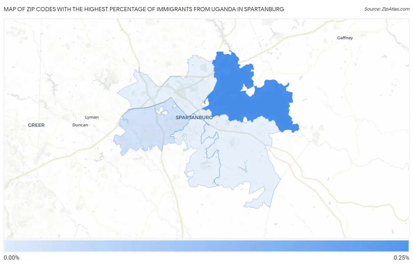 Zip Codes with the Highest Percentage of Immigrants from Uganda in Spartanburg Map
