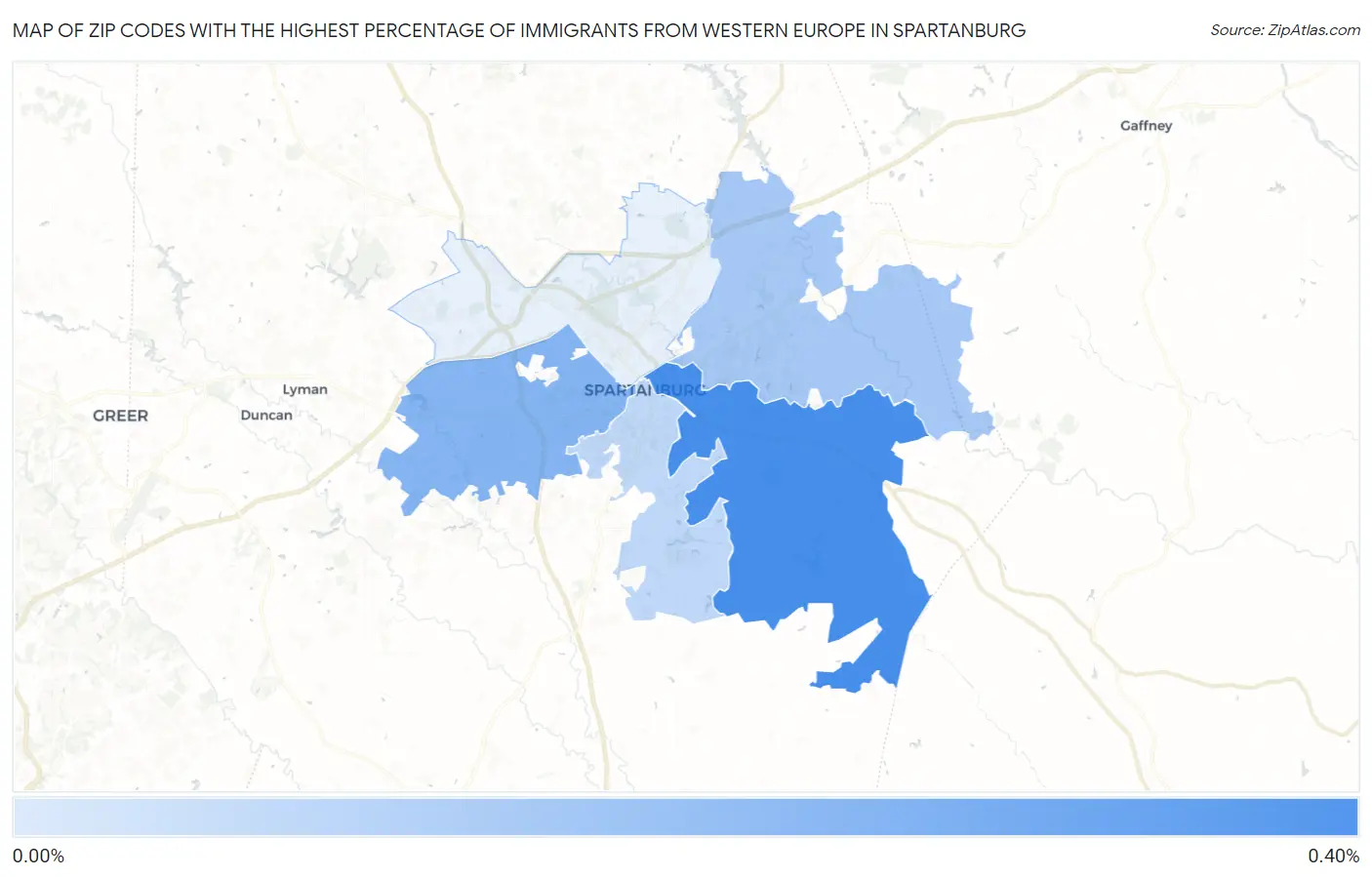 Zip Codes with the Highest Percentage of Immigrants from Western Europe in Spartanburg Map