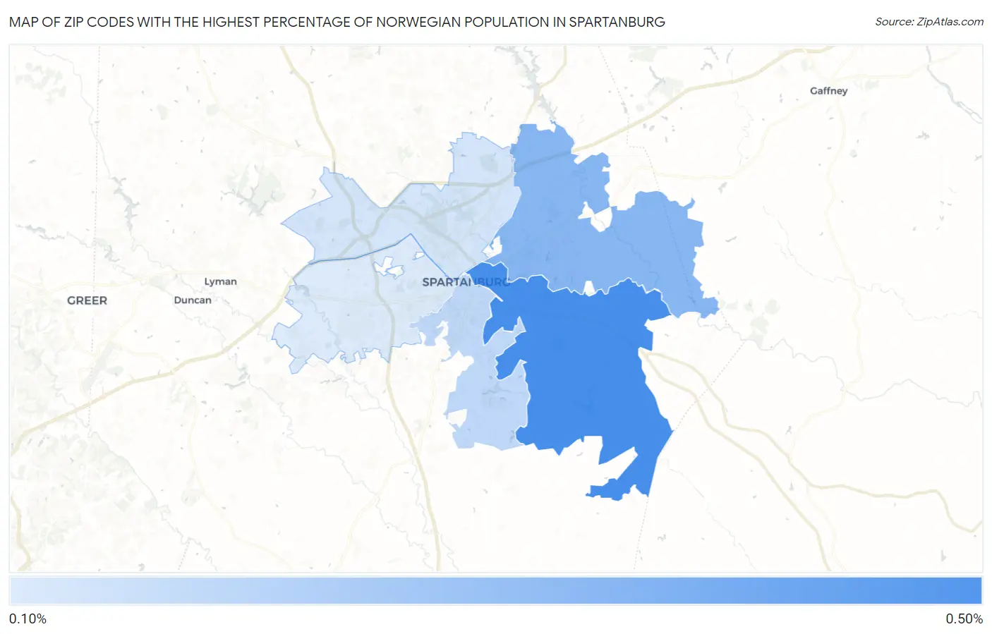 Zip Codes with the Highest Percentage of Norwegian Population in Spartanburg Map