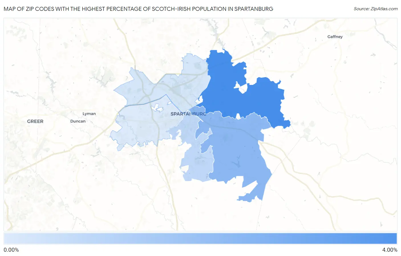 Zip Codes with the Highest Percentage of Scotch-Irish Population in Spartanburg Map
