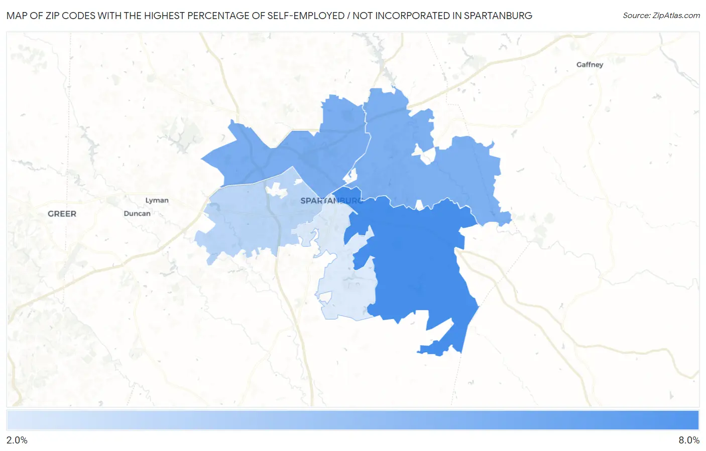 Zip Codes with the Highest Percentage of Self-Employed / Not Incorporated in Spartanburg Map