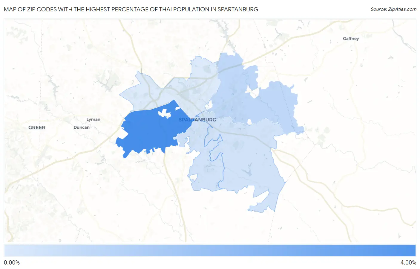 Zip Codes with the Highest Percentage of Thai Population in Spartanburg Map