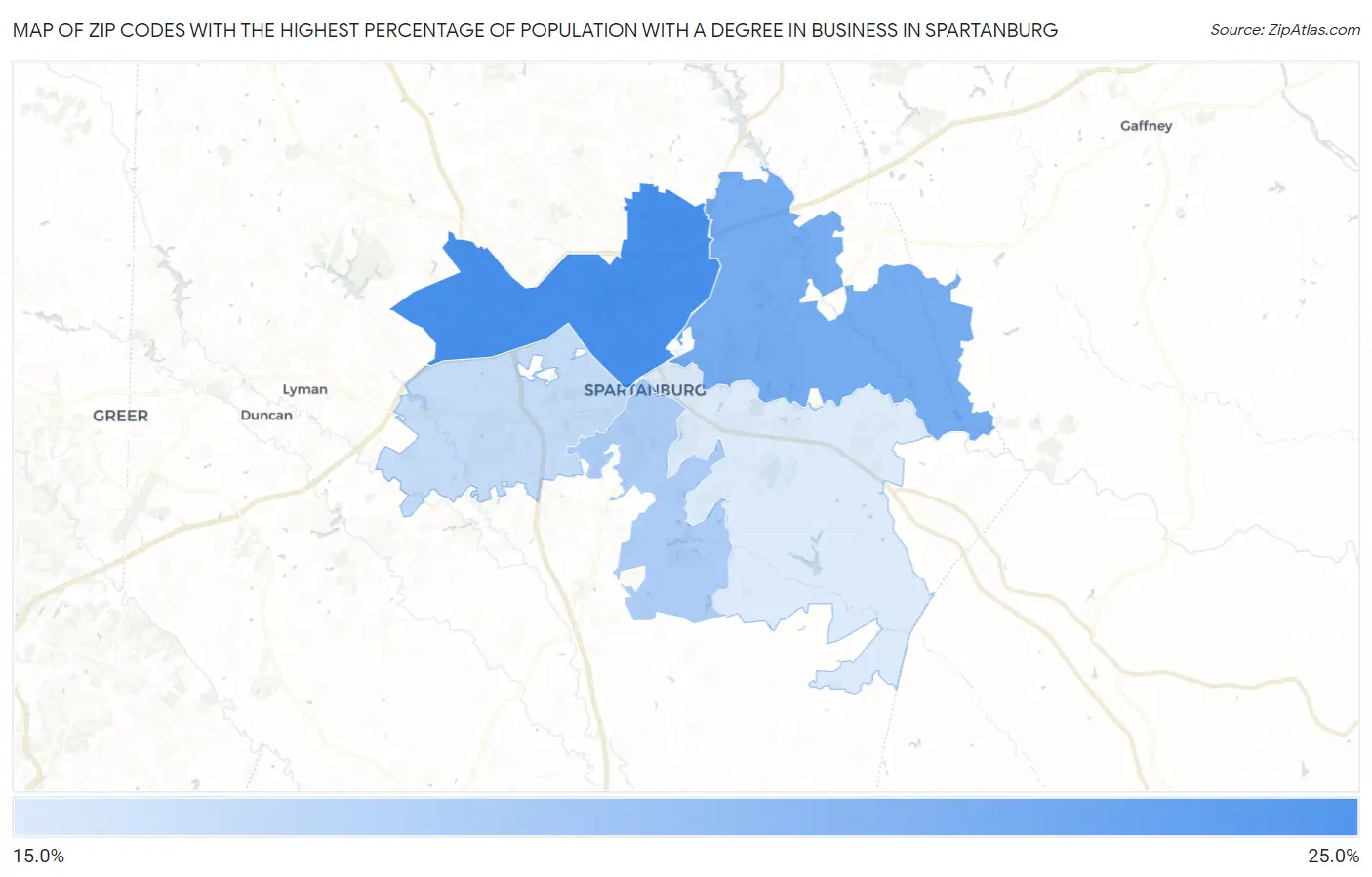 Zip Codes with the Highest Percentage of Population with a Degree in Business in Spartanburg Map