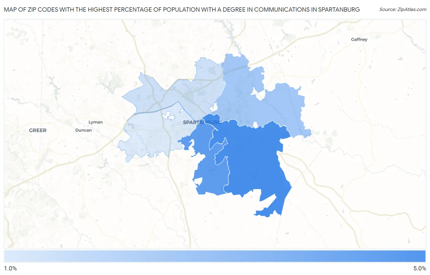 Zip Codes with the Highest Percentage of Population with a Degree in Communications in Spartanburg Map
