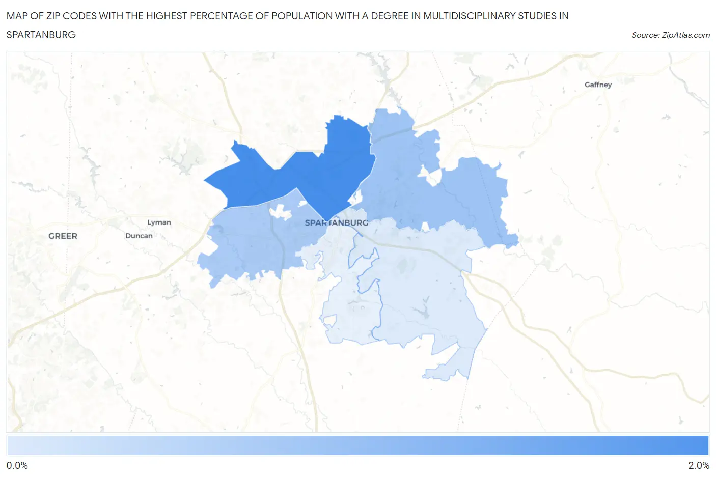 Zip Codes with the Highest Percentage of Population with a Degree in Multidisciplinary Studies in Spartanburg Map