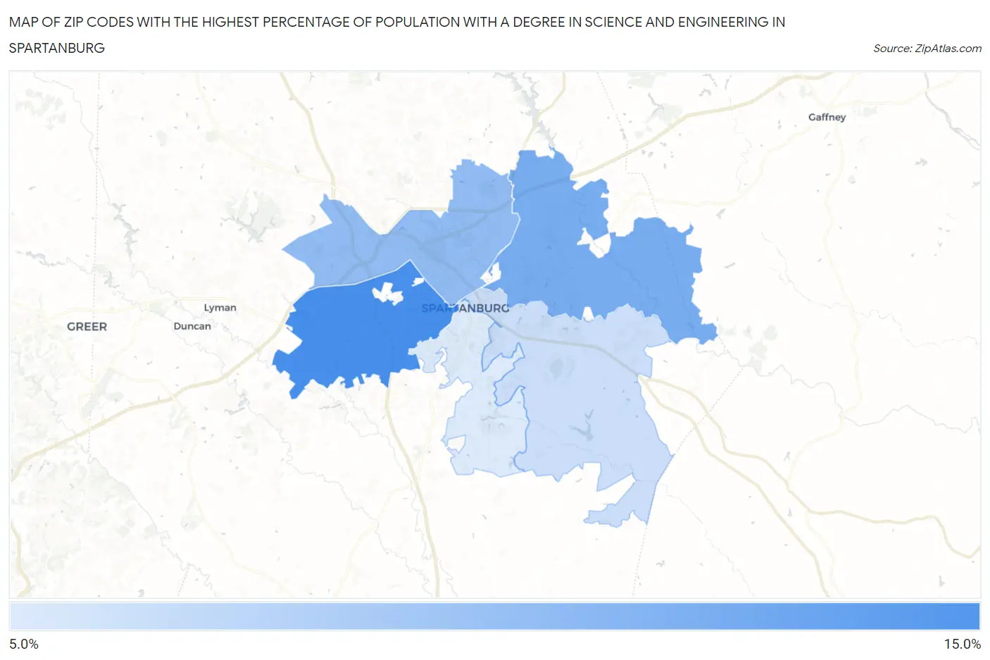 Zip Codes with the Highest Percentage of Population with a Degree in Science and Engineering in Spartanburg Map