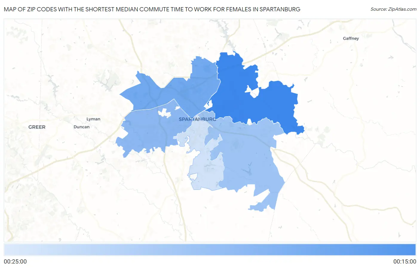 Zip Codes with the Shortest Median Commute Time to Work for Females in Spartanburg Map