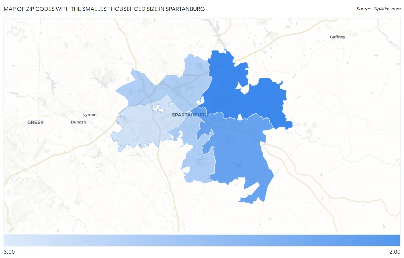 Zip Codes with the Smallest Household Size in Spartanburg Map