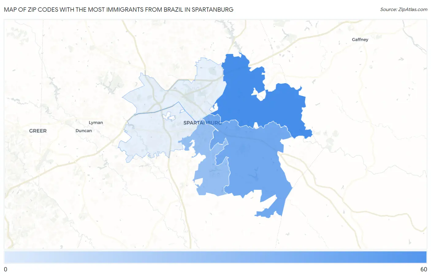 Zip Codes with the Most Immigrants from Brazil in Spartanburg Map