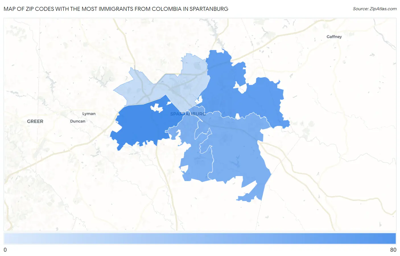 Zip Codes with the Most Immigrants from Colombia in Spartanburg Map