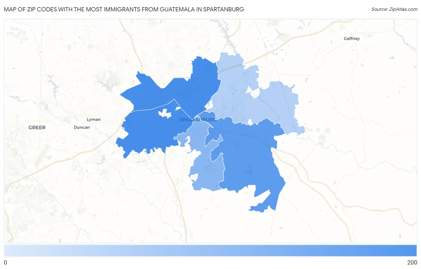 Zip Codes with the Most Immigrants from Guatemala in Spartanburg Map