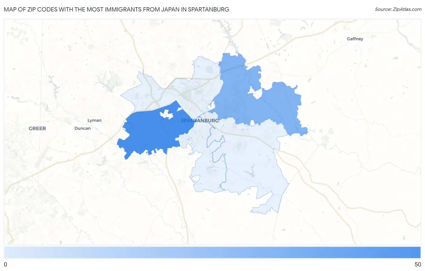Zip Codes with the Most Immigrants from Japan in Spartanburg Map