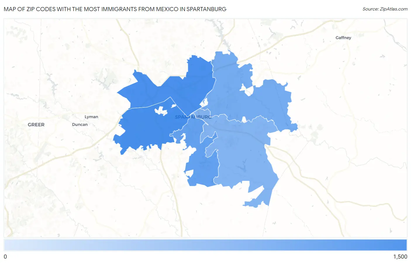 Zip Codes with the Most Immigrants from Mexico in Spartanburg Map