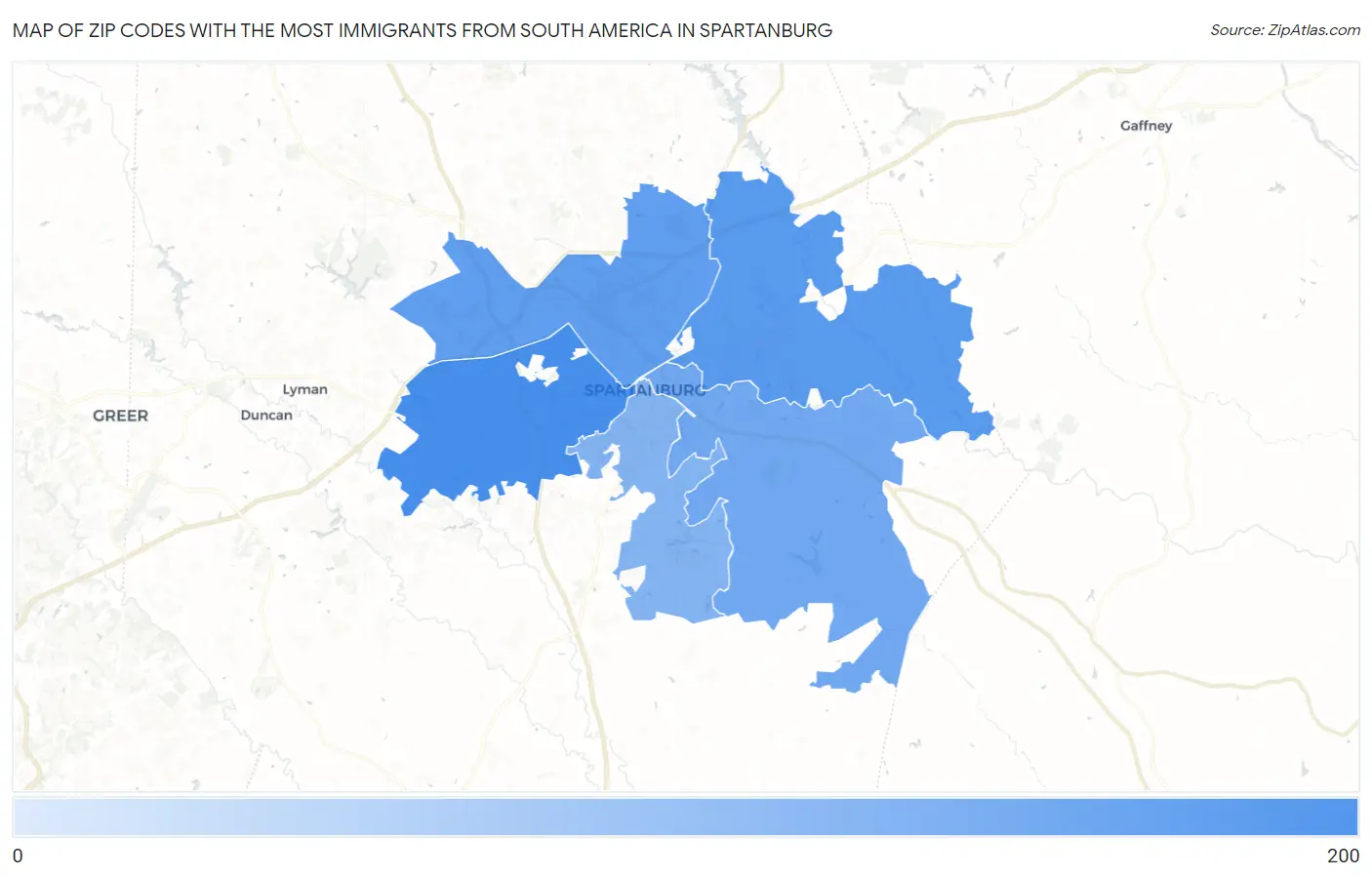 Zip Codes with the Most Immigrants from South America in Spartanburg Map