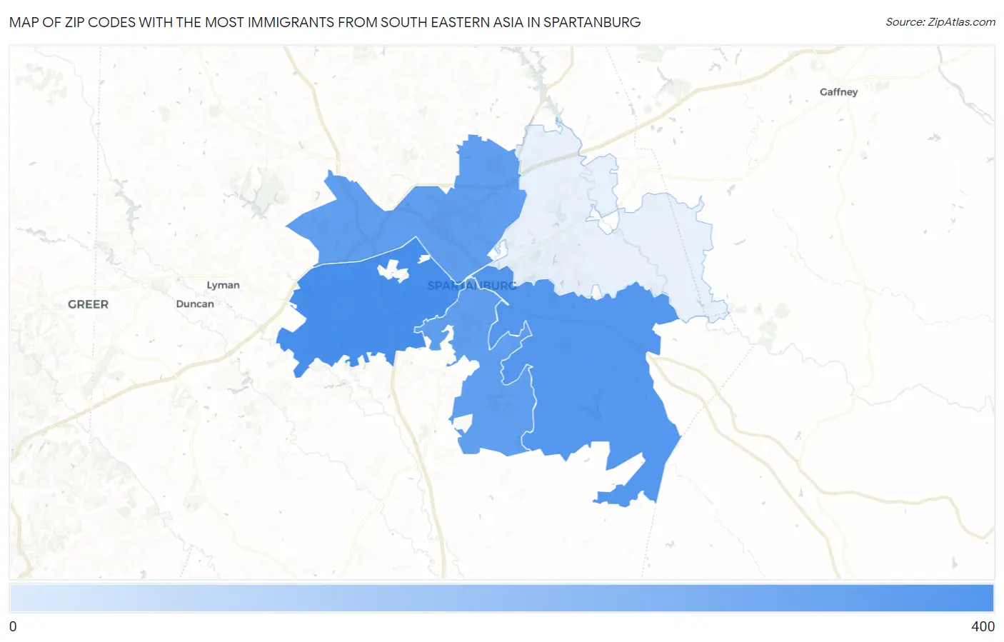 Zip Codes with the Most Immigrants from South Eastern Asia in Spartanburg Map