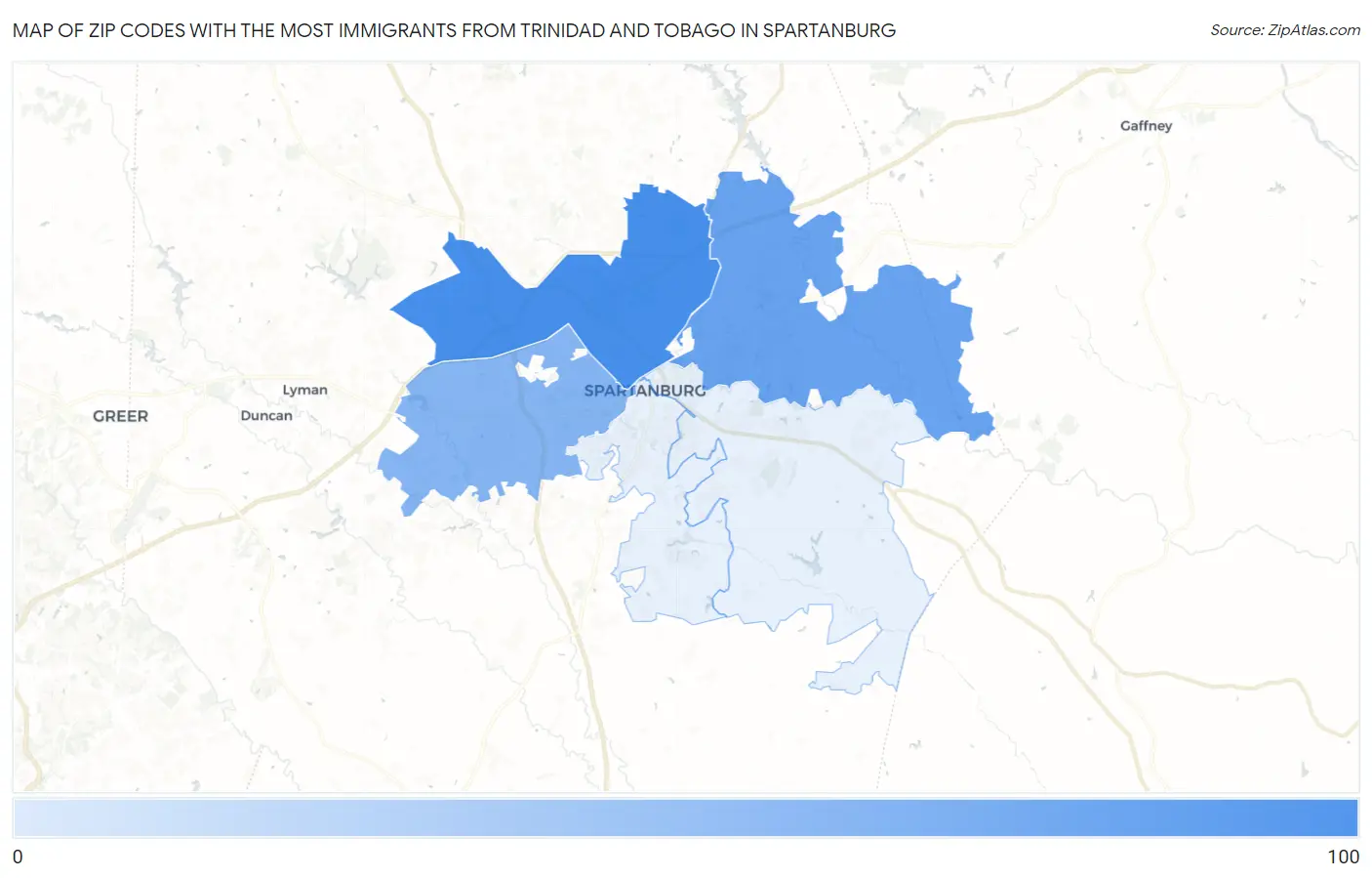 Zip Codes with the Most Immigrants from Trinidad and Tobago in Spartanburg Map
