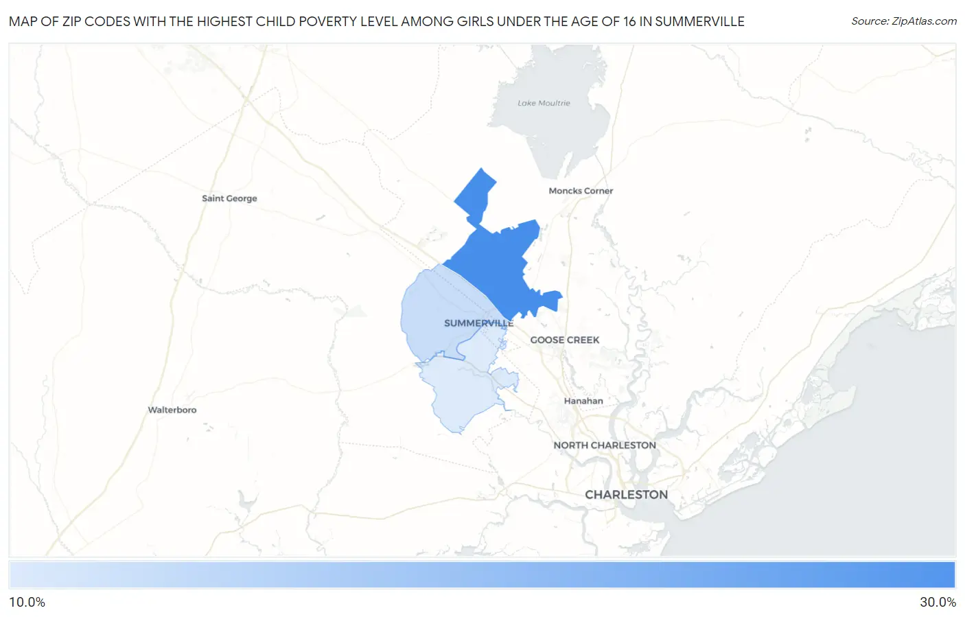 Zip Codes with the Highest Child Poverty Level Among Girls Under the Age of 16 in Summerville Map