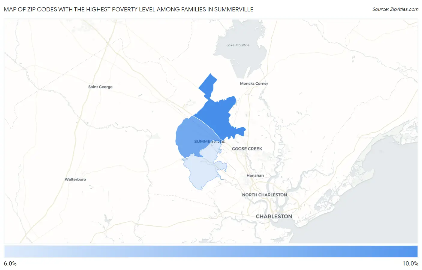 Zip Codes with the Highest Poverty Level Among Families in Summerville Map