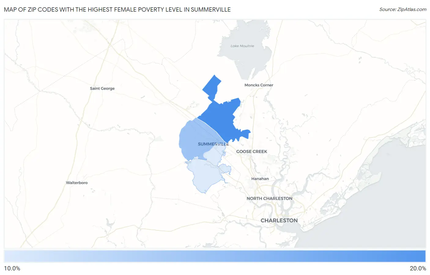 Zip Codes with the Highest Female Poverty Level in Summerville Map
