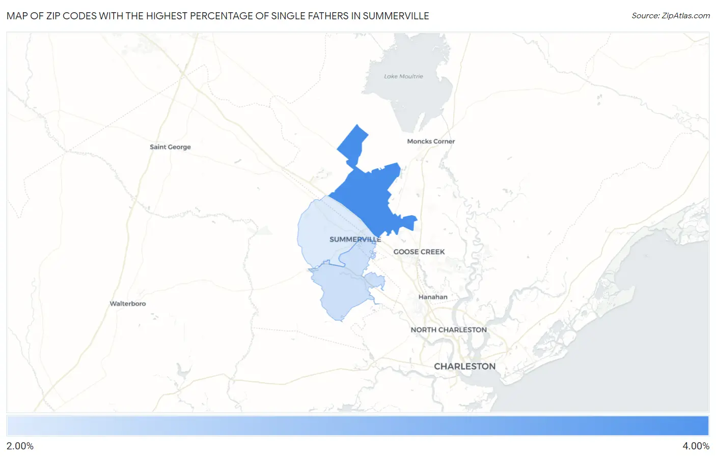 Zip Codes with the Highest Percentage of Single Fathers in Summerville Map