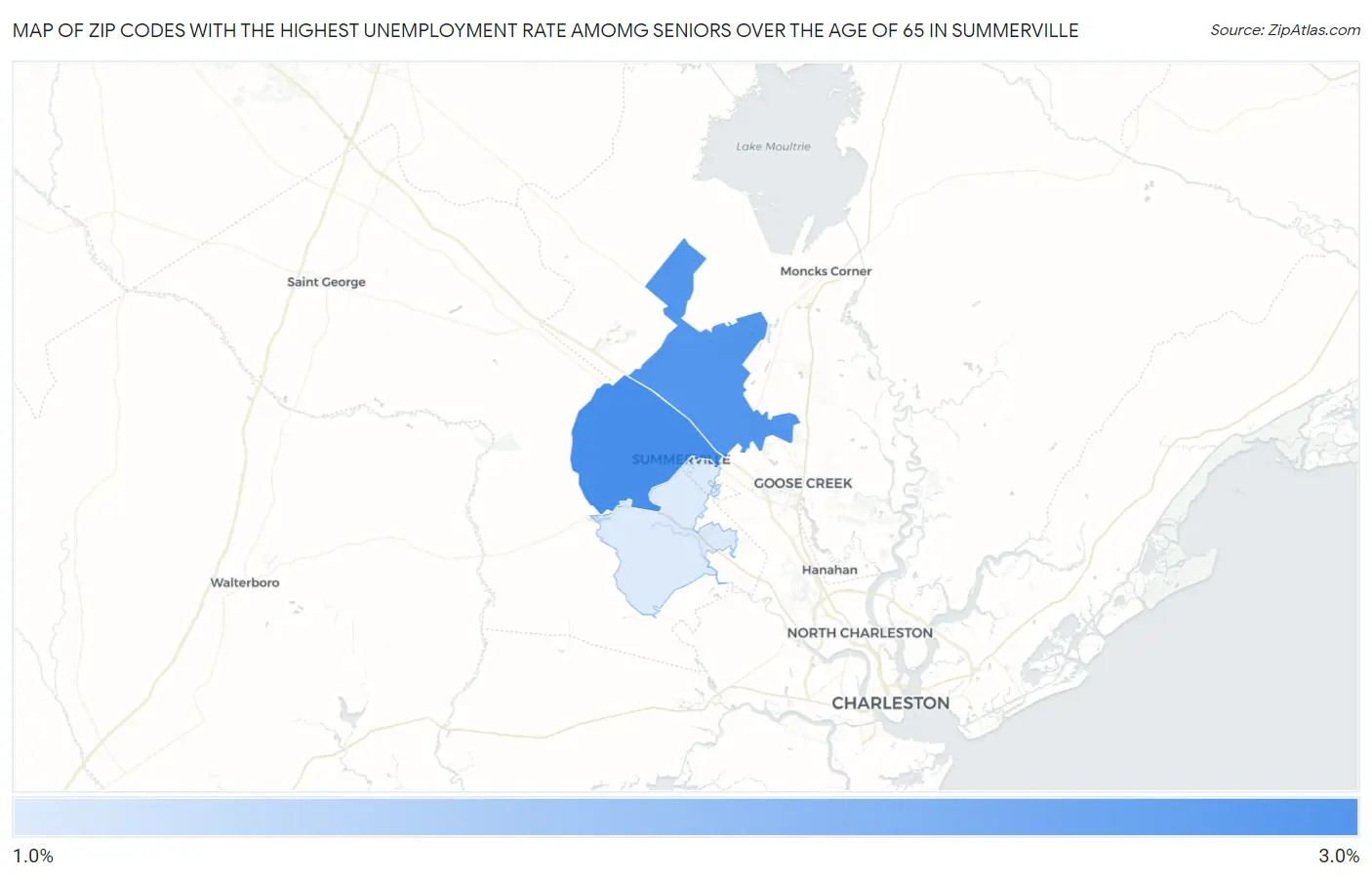 Zip Codes with the Highest Unemployment Rate Amomg Seniors Over the Age of 65 in Summerville Map