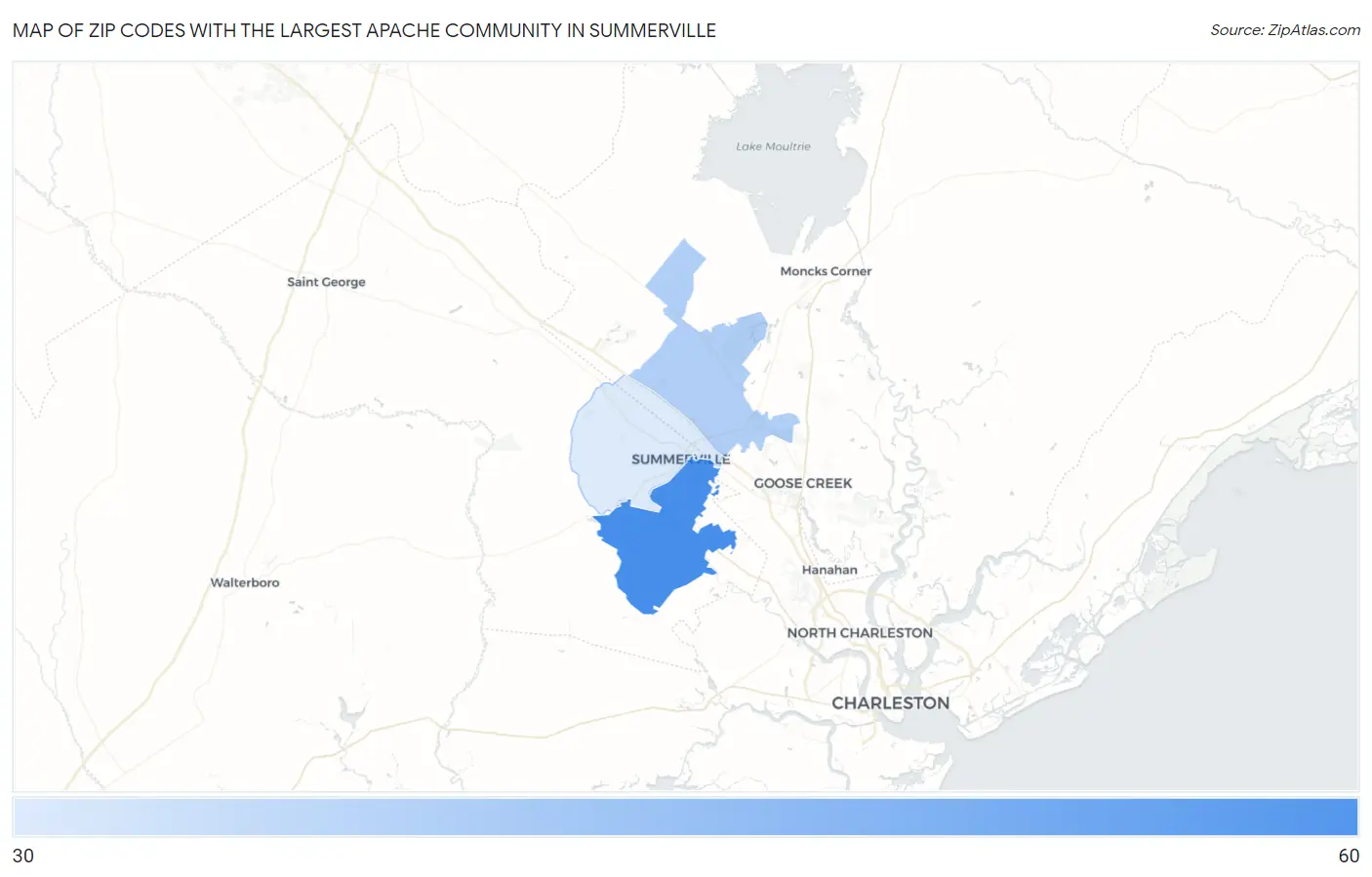 Zip Codes with the Largest Apache Community in Summerville Map