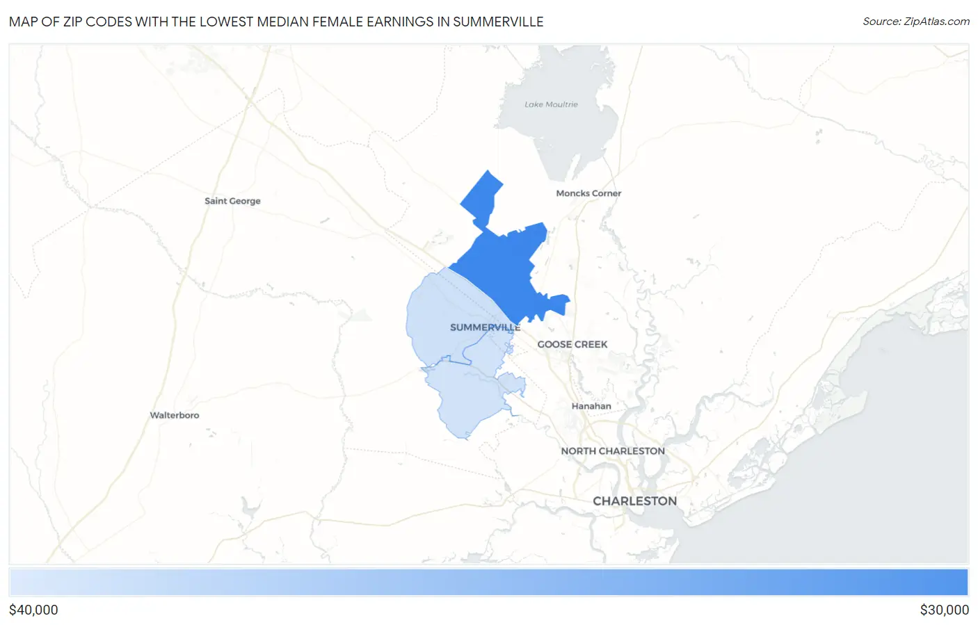 Zip Codes with the Lowest Median Female Earnings in Summerville Map