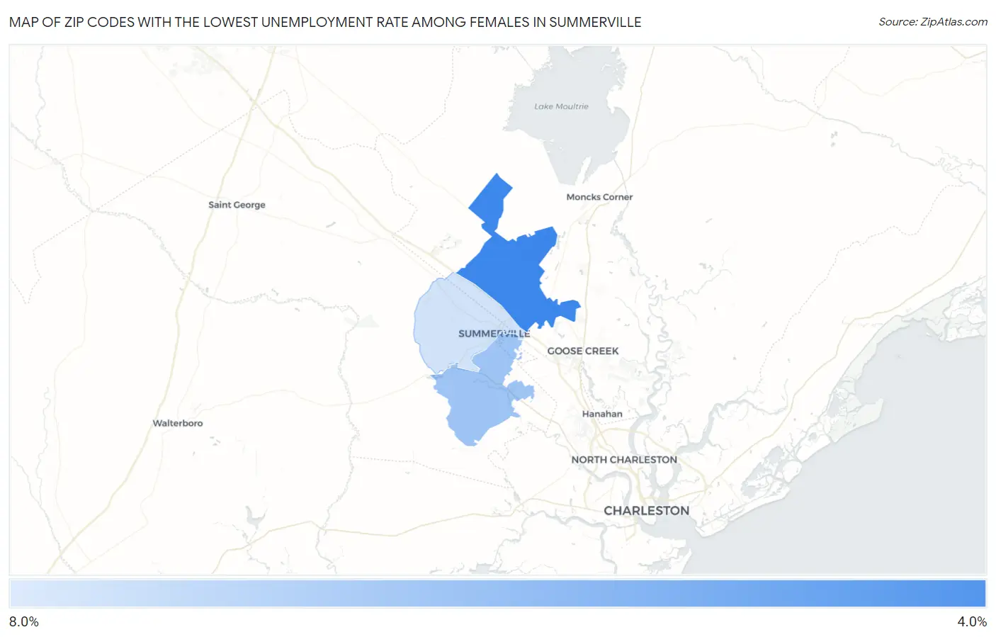 Zip Codes with the Lowest Unemployment Rate Among Females in Summerville Map