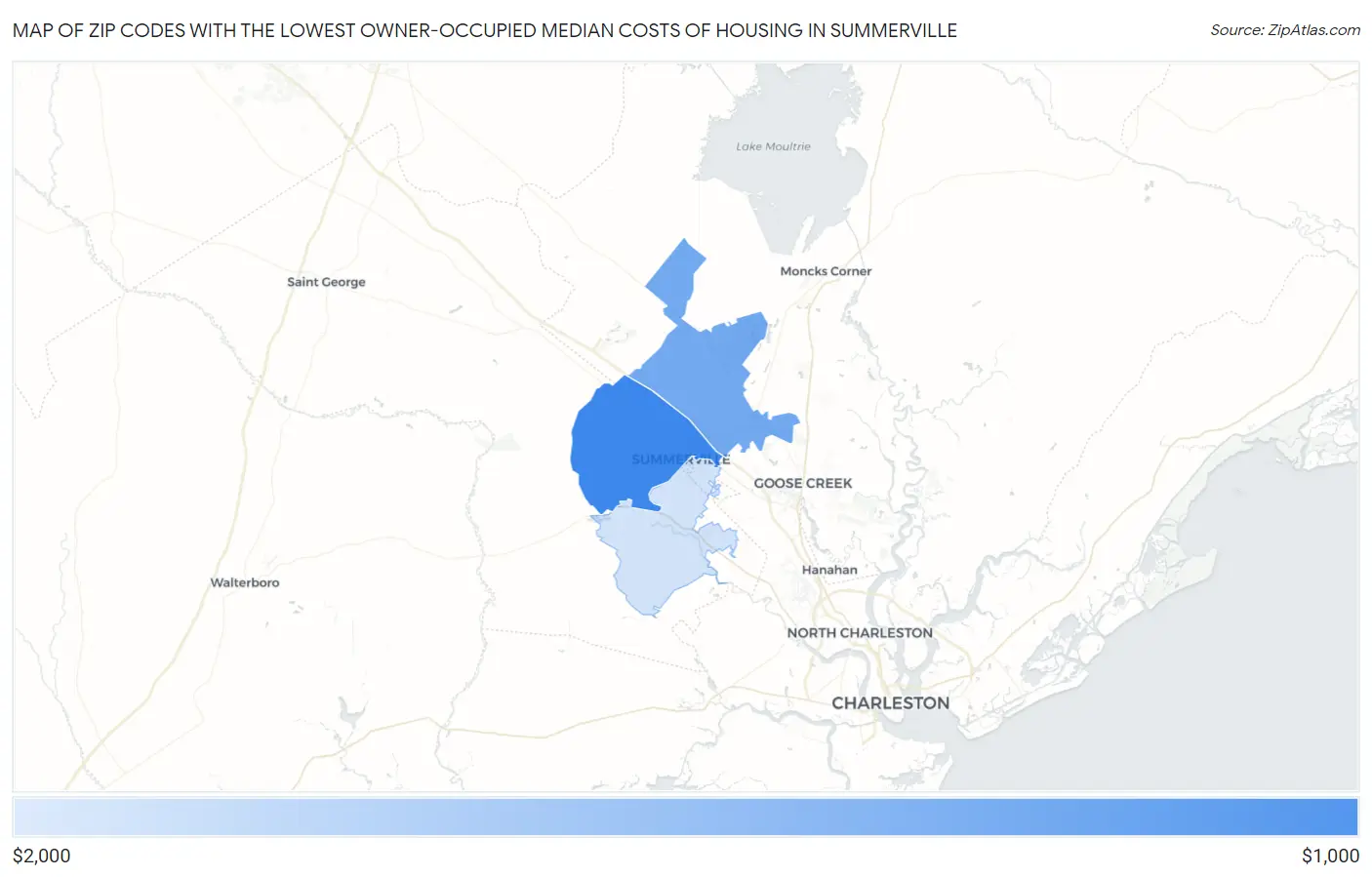 Zip Codes with the Lowest Owner-Occupied Median Costs of Housing in Summerville Map