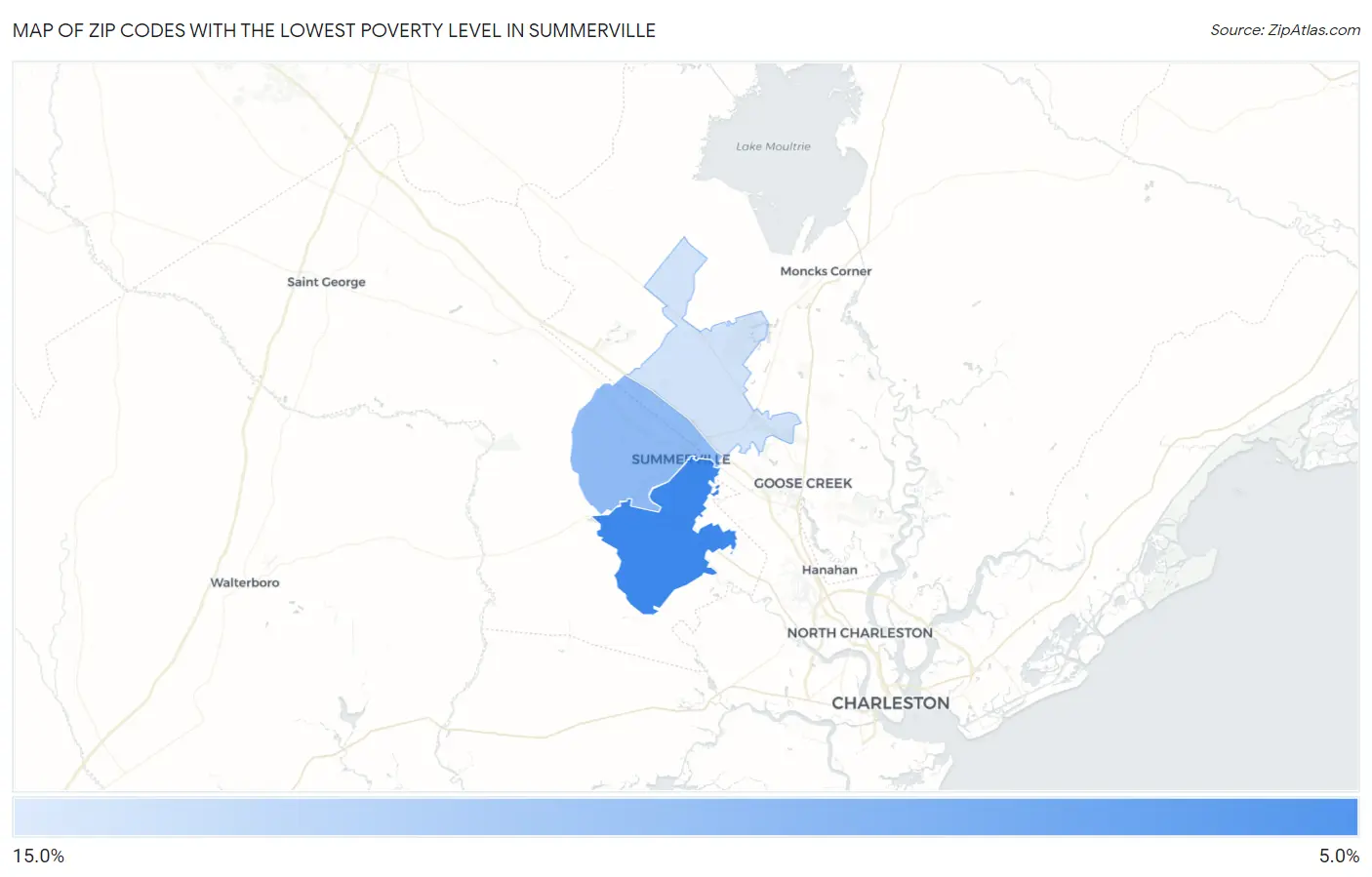 Zip Codes with the Lowest Poverty Level in Summerville Map