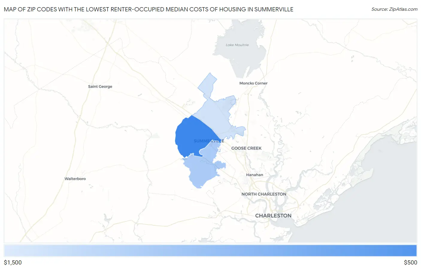 Zip Codes with the Lowest Renter-Occupied Median Costs of Housing in Summerville Map