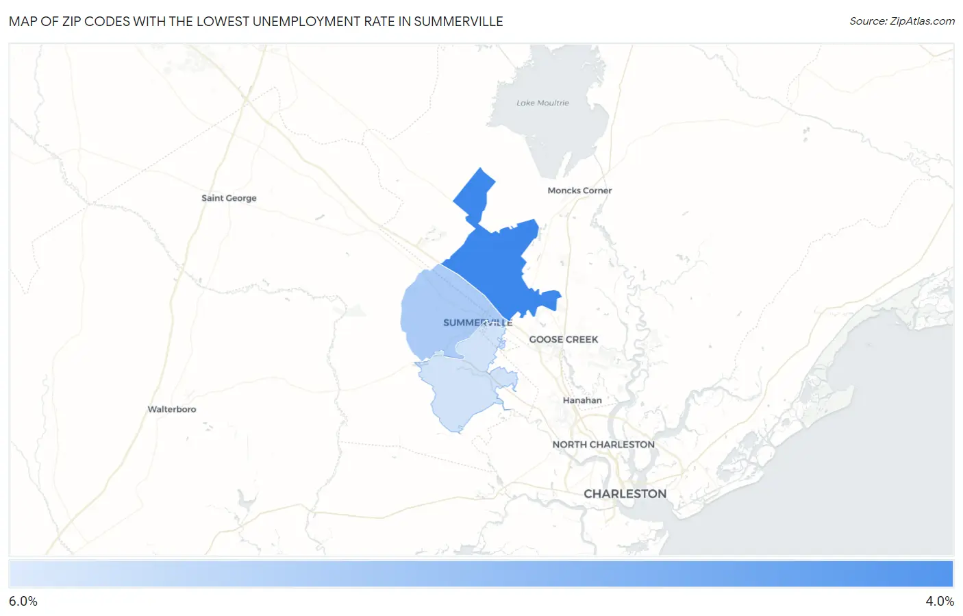 Zip Codes with the Lowest Unemployment Rate in Summerville Map