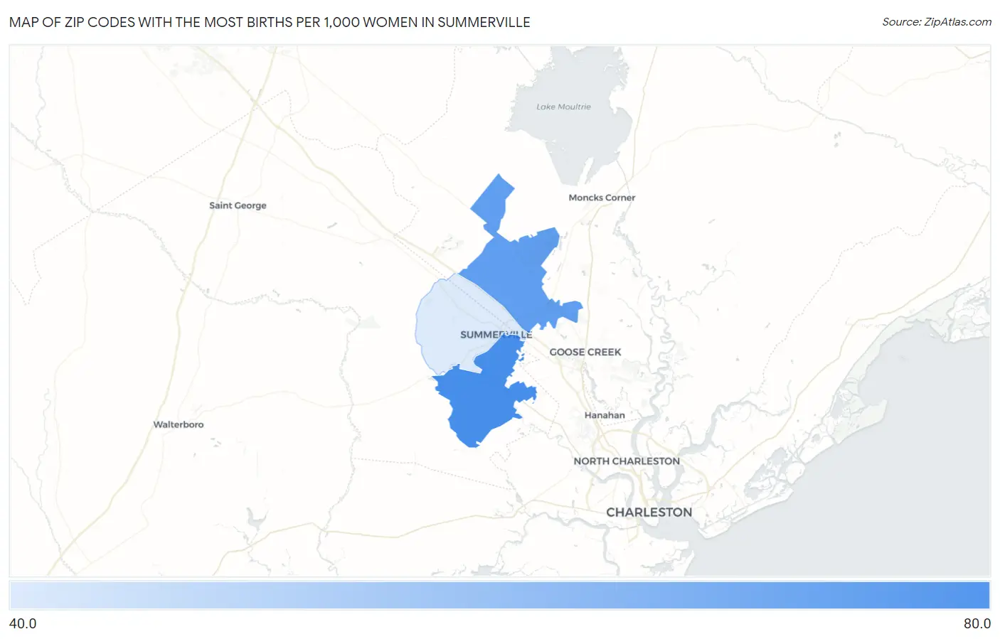 Zip Codes with the Most Births per 1,000 Women in Summerville Map