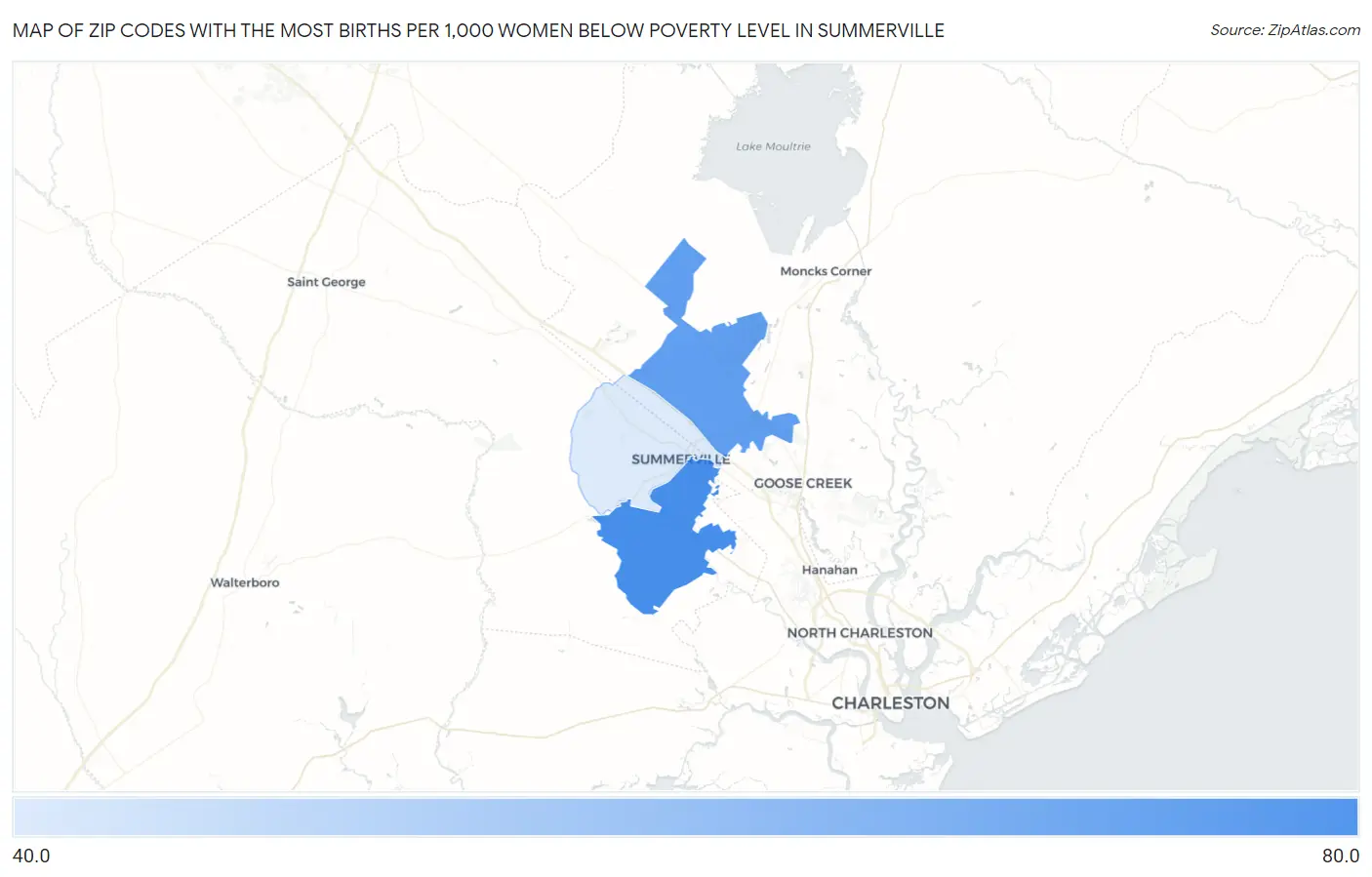 Zip Codes with the Most Births per 1,000 Women Below Poverty Level in Summerville Map