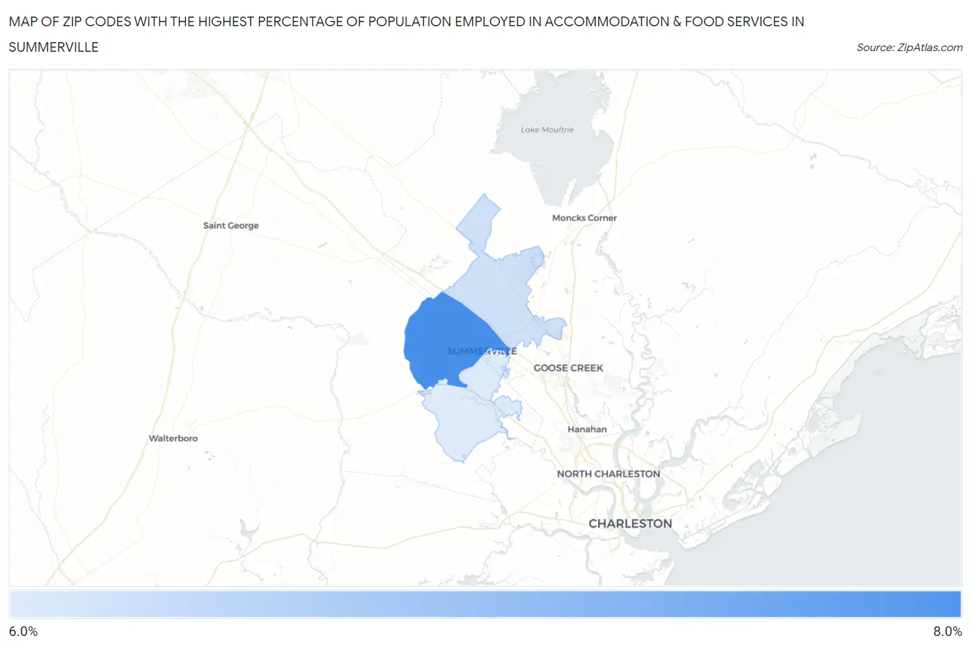 Zip Codes with the Highest Percentage of Population Employed in Accommodation & Food Services in Summerville Map