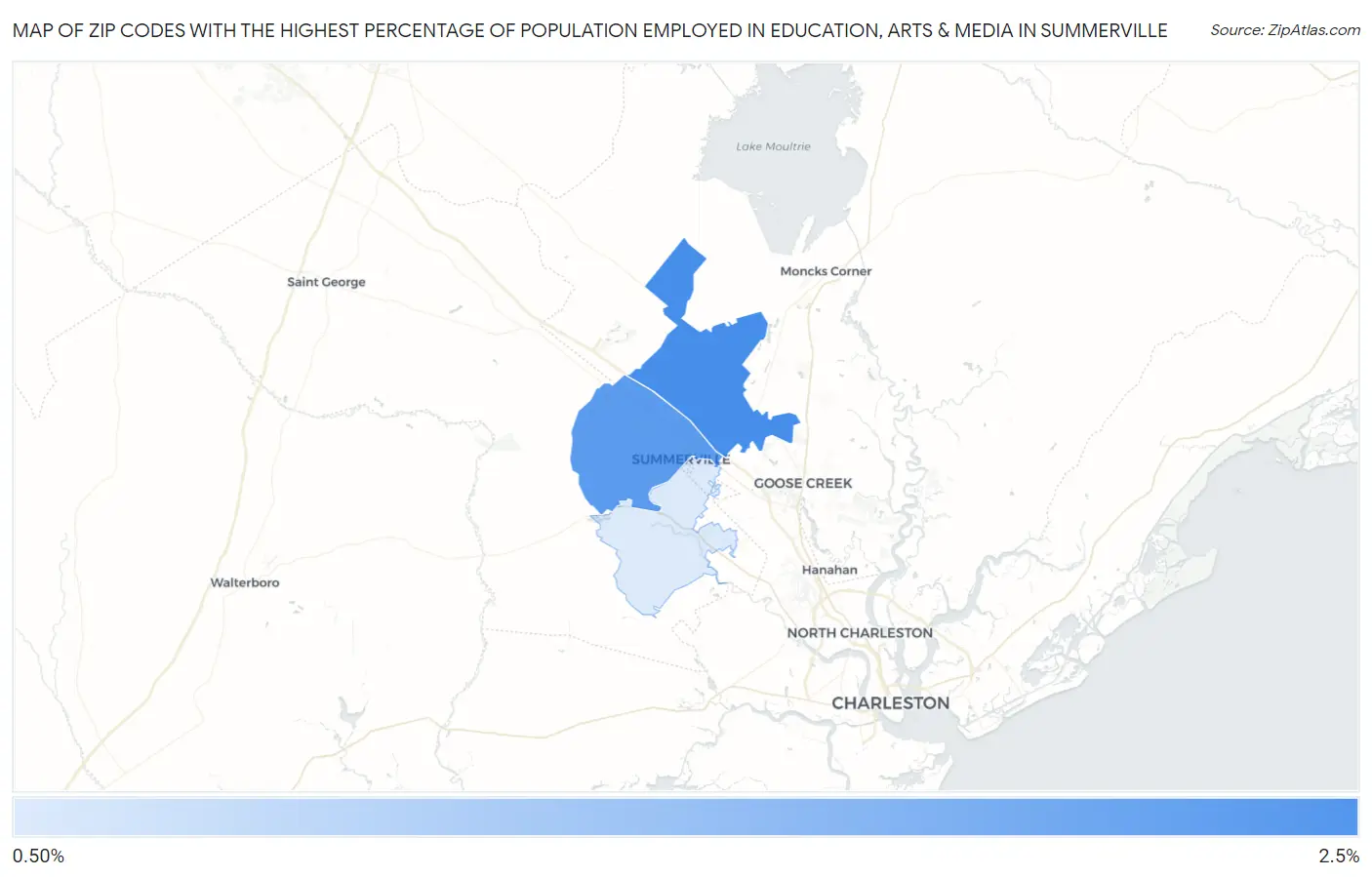 Zip Codes with the Highest Percentage of Population Employed in Education, Arts & Media in Summerville Map