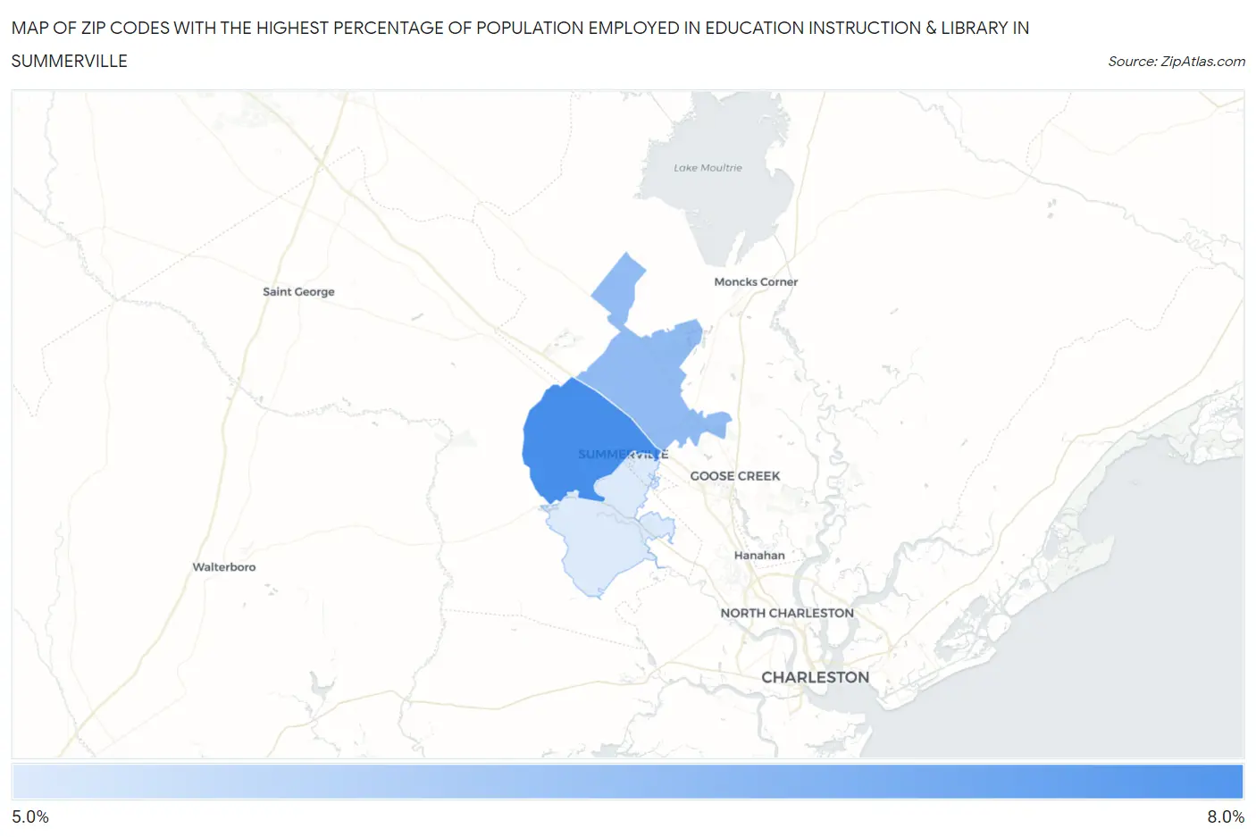 Zip Codes with the Highest Percentage of Population Employed in Education Instruction & Library in Summerville Map