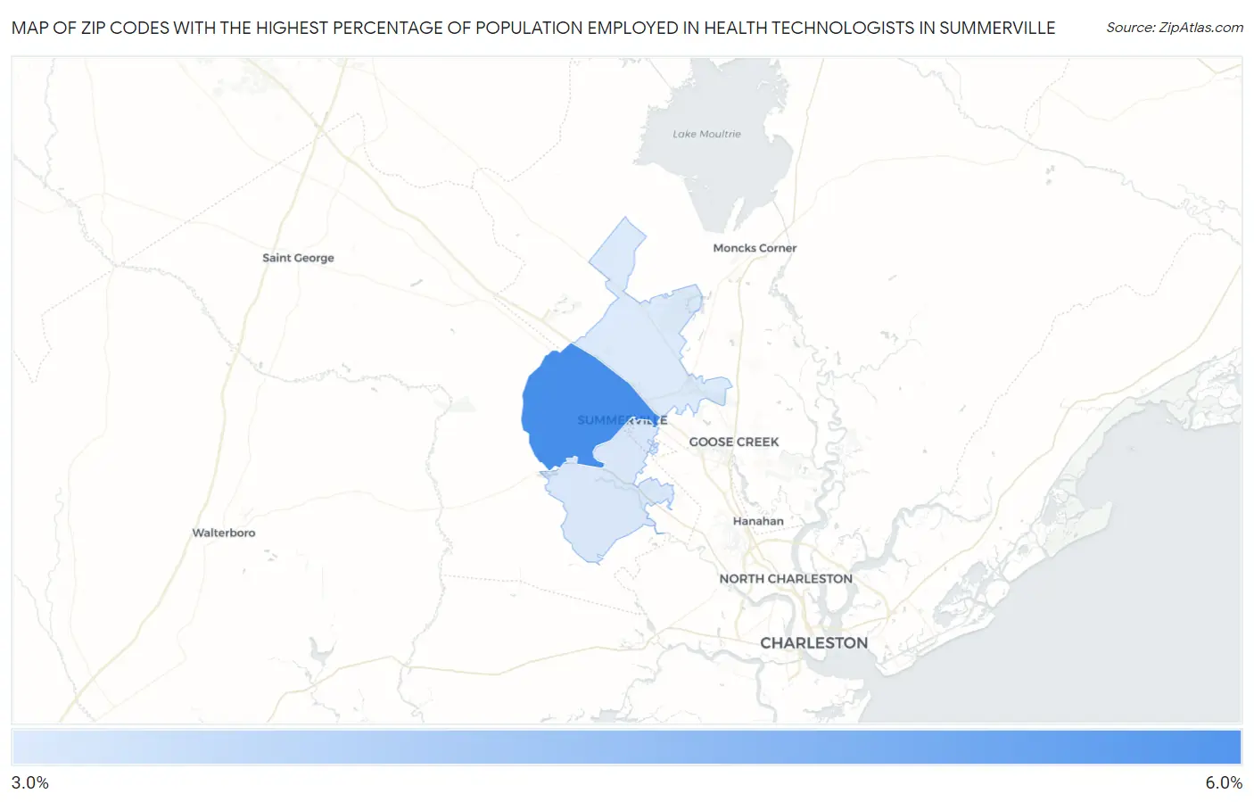Zip Codes with the Highest Percentage of Population Employed in Health Technologists in Summerville Map