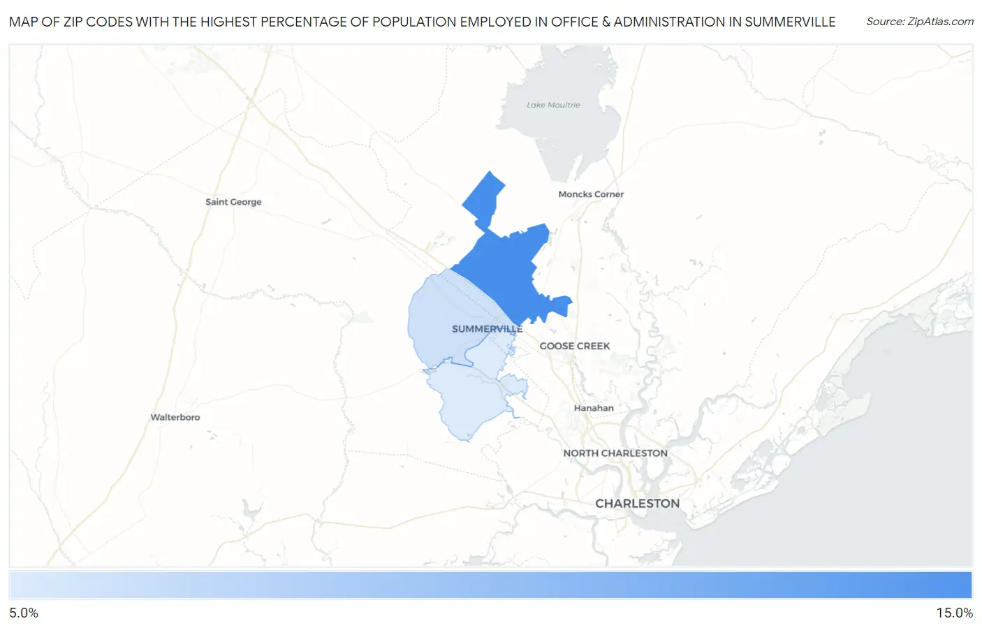 Zip Codes with the Highest Percentage of Population Employed in Office & Administration in Summerville Map