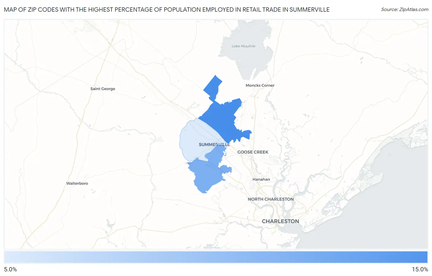 Zip Codes with the Highest Percentage of Population Employed in Retail Trade in Summerville Map