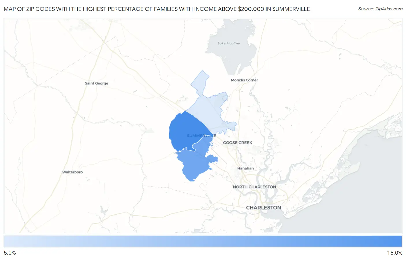 Zip Codes with the Highest Percentage of Families with Income Above $200,000 in Summerville Map