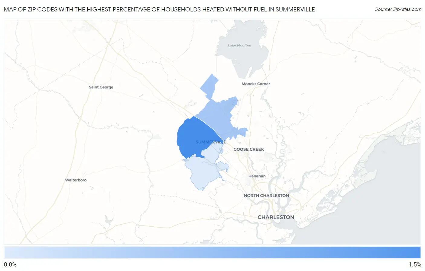 Zip Codes with the Highest Percentage of Households Heated without Fuel in Summerville Map