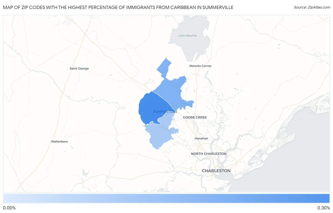 Zip Codes with the Highest Percentage of Immigrants from Caribbean in Summerville Map