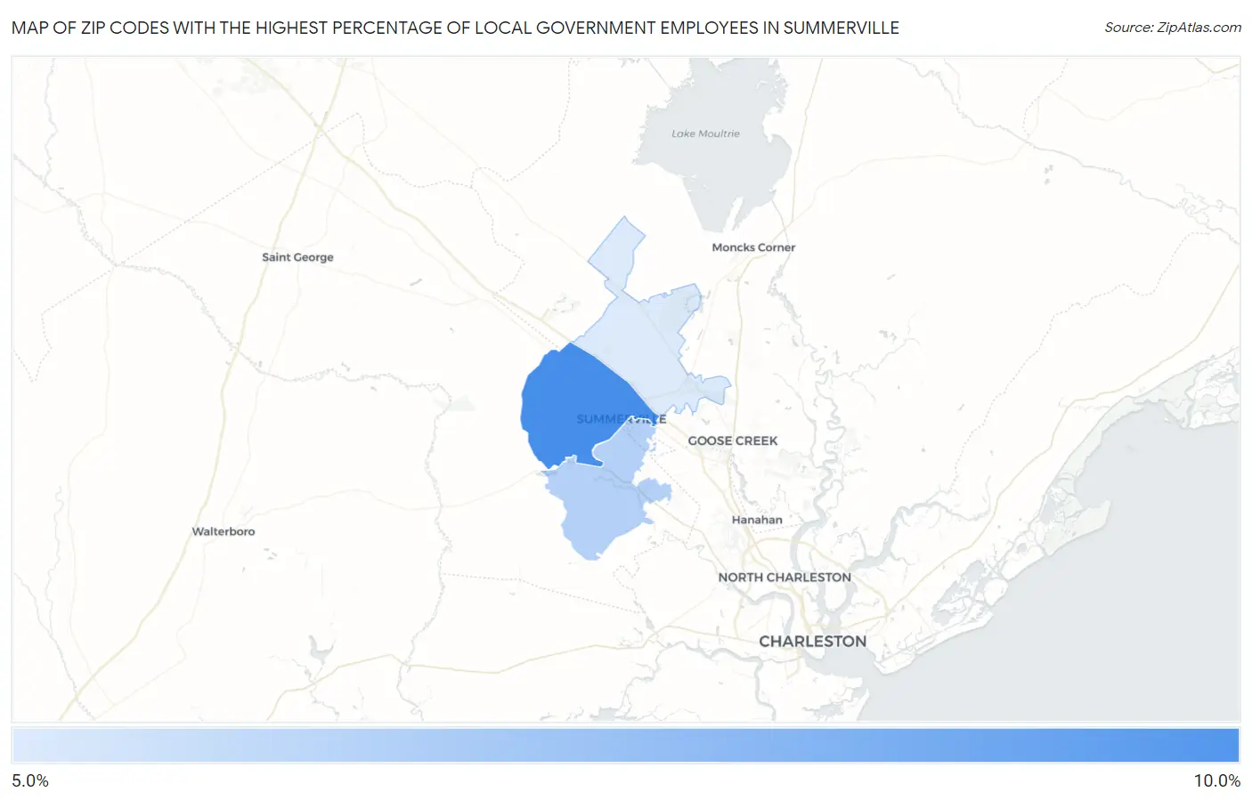 Zip Codes with the Highest Percentage of Local Government Employees in Summerville Map